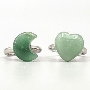 Moon and Heart Green Aventurine Gemstone Rings Set Adjustable Silver Tone Women